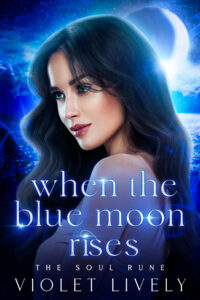 A woman with long black hair in a blue dress with the moon in the background.